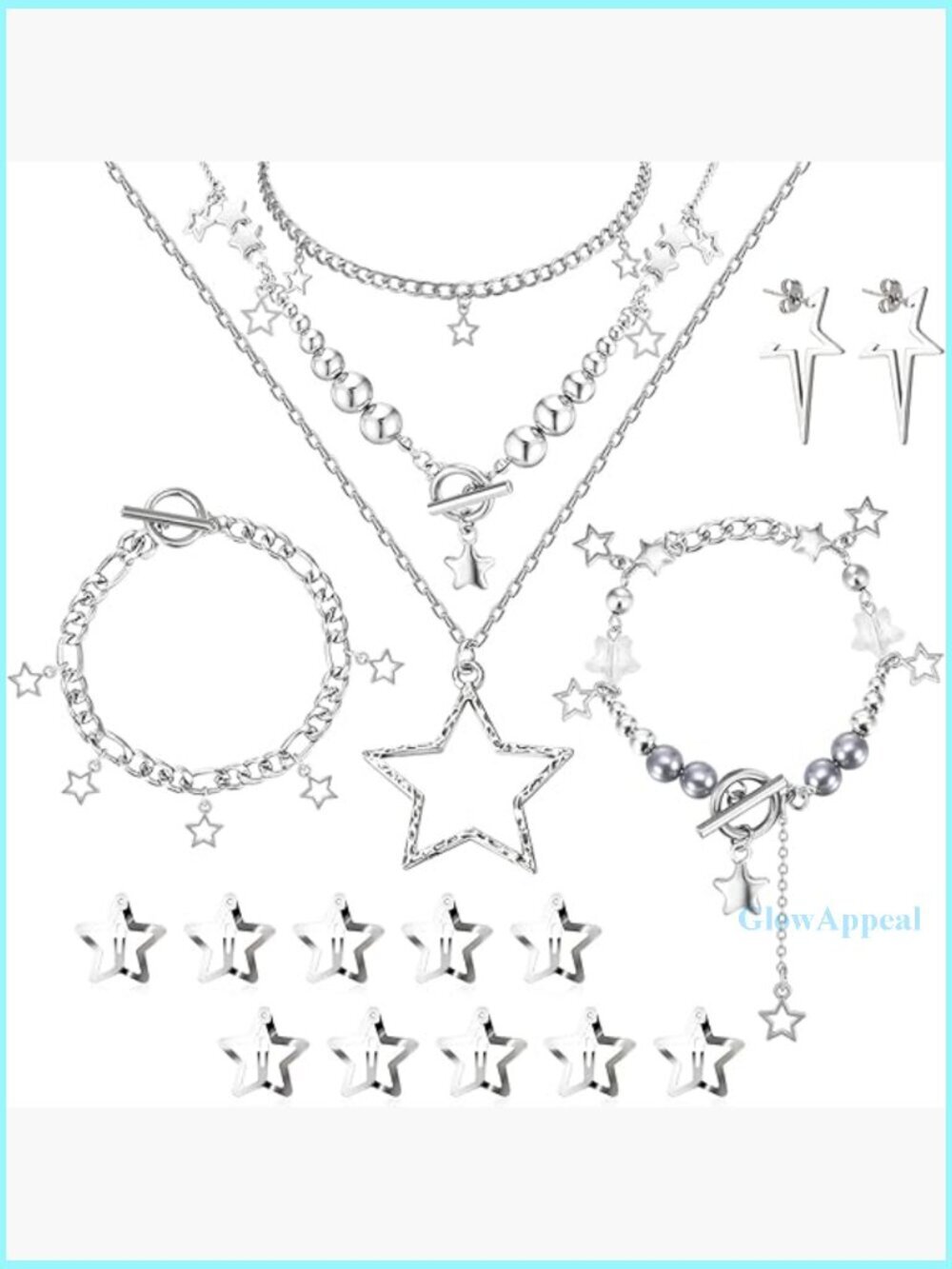 Y2K Silver Star Layered Necklace Set with Bracelets Earrings Hair Clips